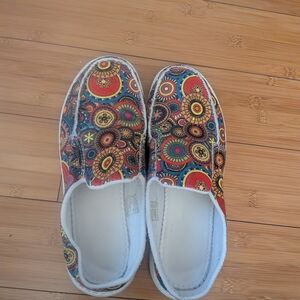 Colorful Patterned Slip-On Shoes, Low Heel Cushion.